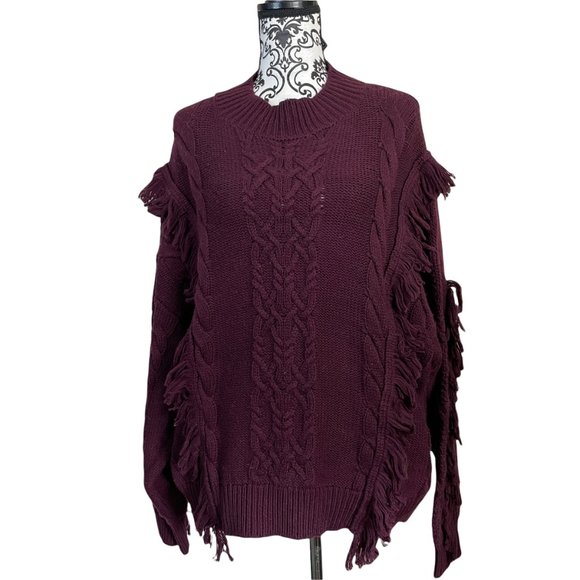 Leith | Women's Cable Knit Fringe Burgundy Maroon Red Sweater 1X - Picture 2 of 7